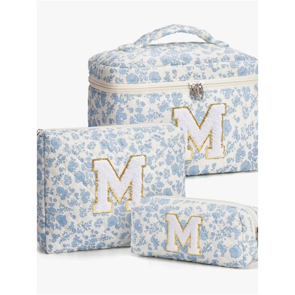 NEW Monogram Floral Blue Cosmetic Bag Set - M Initial